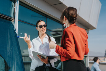 Two business people engage in a lively discussion on a high-rise balcony, enjoying the sunny day....