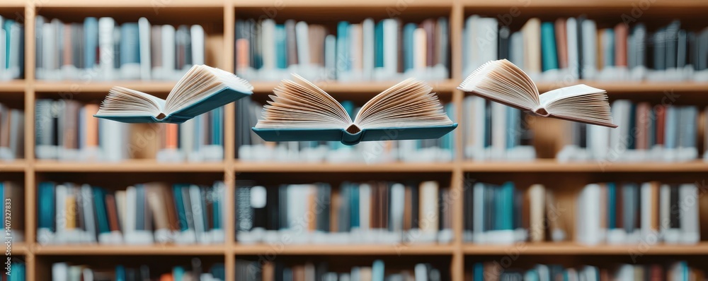 Poster books floating in the air inside a reading and bookshelves concept. floating books above a library s