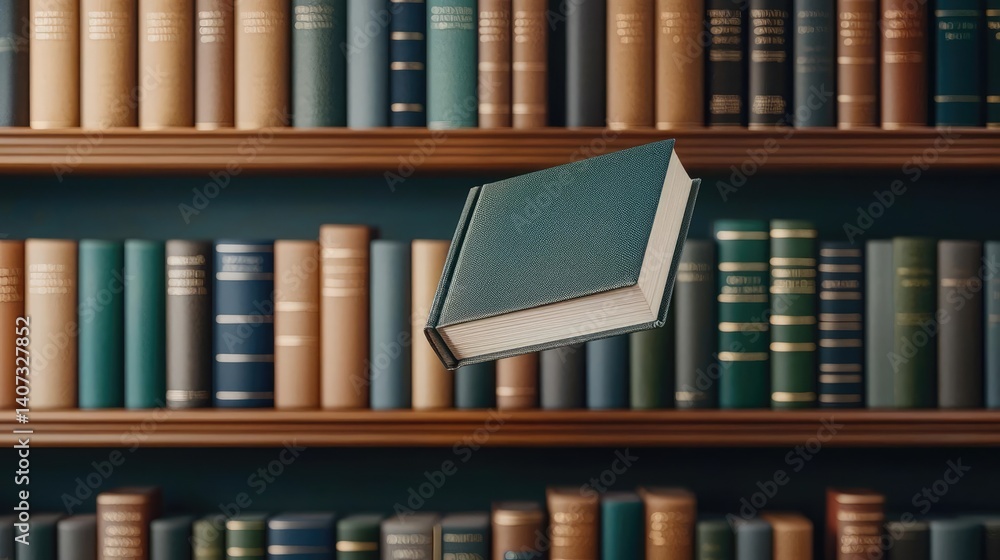Poster books floating in the air within a flying and cognition concept. an enchanting library filled with c
