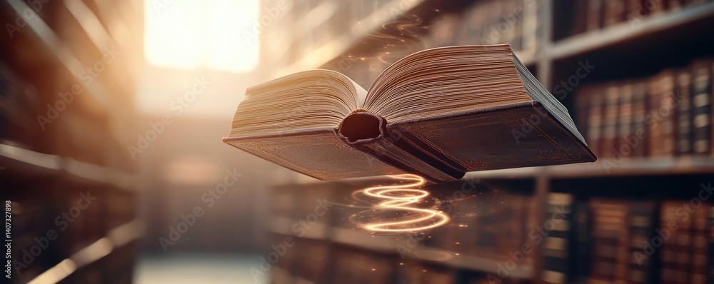 Poster books floating in the air within a flying and cognition concept. an open book floats in a library, g
