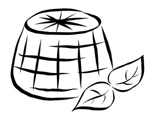 Hand drawn ricotta cheese with basil. Soft white cheese. Organic farm food. Line icon illustration for logo, poster, menu. Isolated on white background.