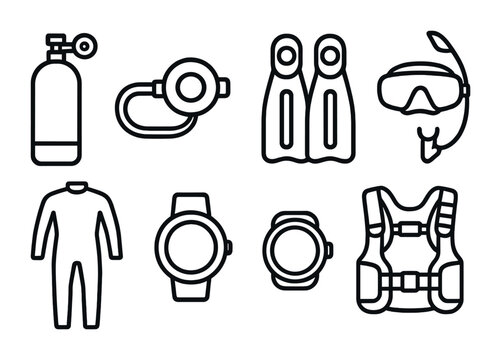 outline vector icons of scuba gear: oxygen tank, regulator, fins, mask, snorkel, wetsuit, dive computer, BCD. No text. The icons should be clean. isolated transparent background. Line icons in black