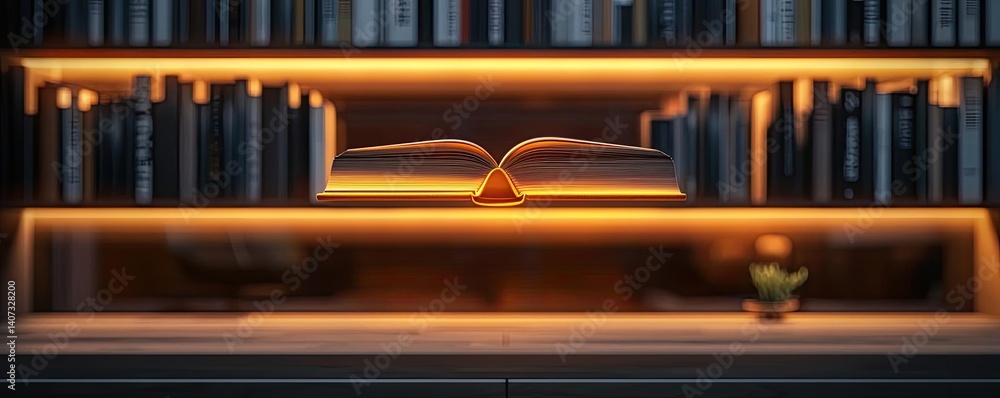 Poster books floating in the air on cognition and bookshelves concept. a modern open book on a stylish shel