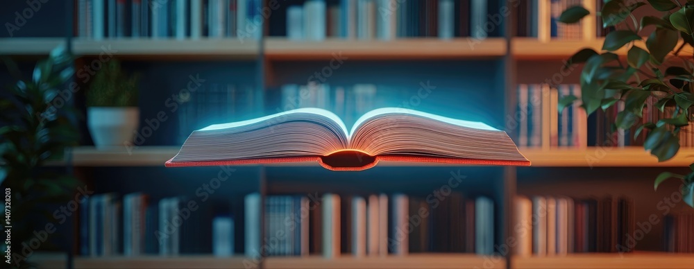 Poster books floating in the air on cognition and bookshelves concept. a floating open book in a serene lib