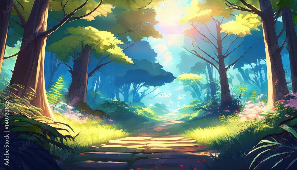 Poster daytime anime forest backdrop with radiant light filtering through a lush canopy, illuminating a myt