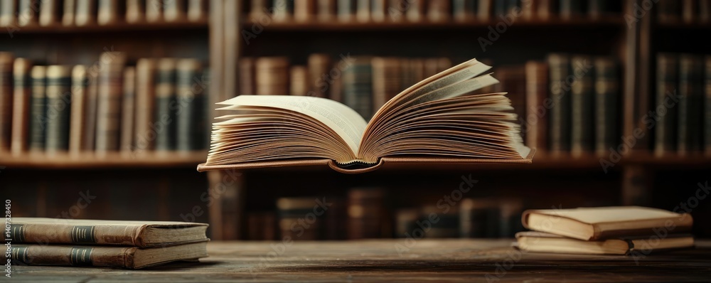 Poster books floating in the air inside a reading and bookshelves concept. an open book floating above a wo