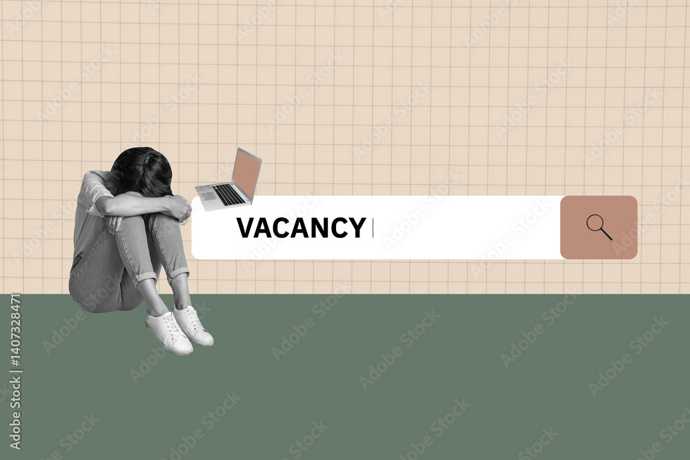 Aufkleber visual abstract collage of person sit browsing vacancy with netbook on pastel background