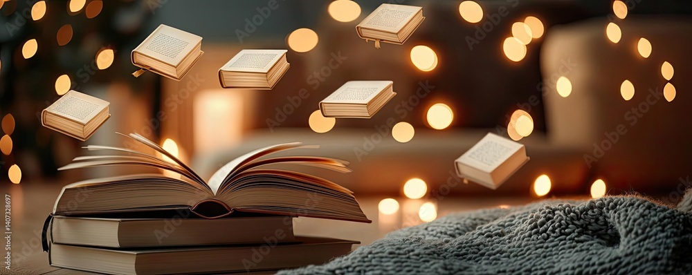 Poster books floating in the air on cognition and bookshelves concept. magical scene of floating books abov