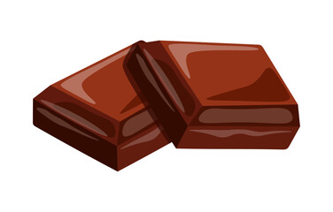Pieces of dark chocolate in cartoon style. Vector illustration of two delicious pieces of dark chocolate isolated on white background. Dessert. Confectionery.