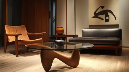 Modern living room, leather furniture, wooden accents, calm atmosphere, home decor