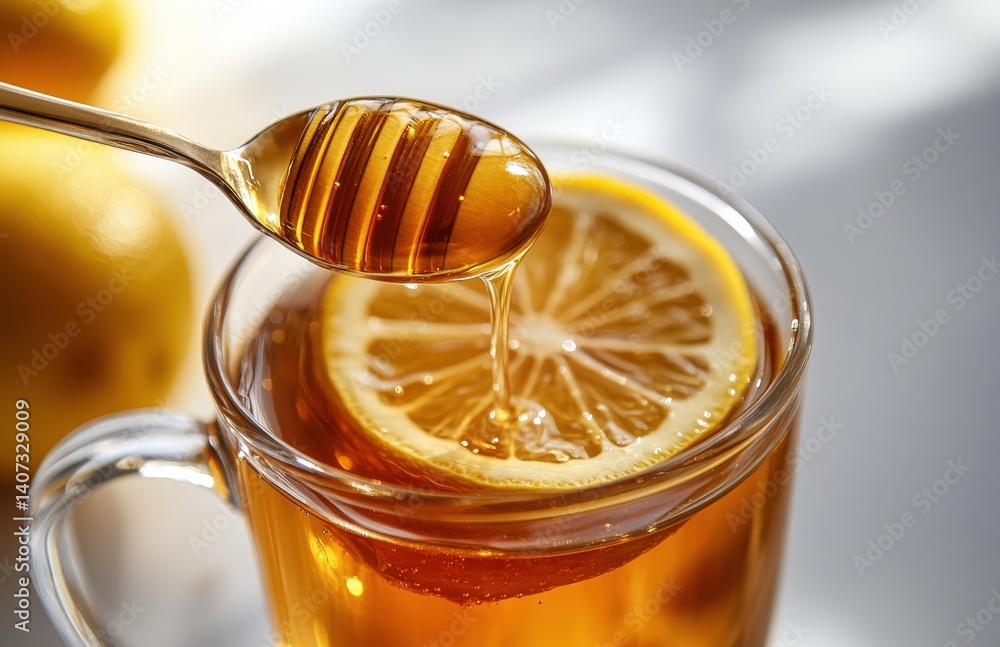 Poster refreshing herbal tea with slice of lemon and drizzle of honey in clear mug on table surrounded by f