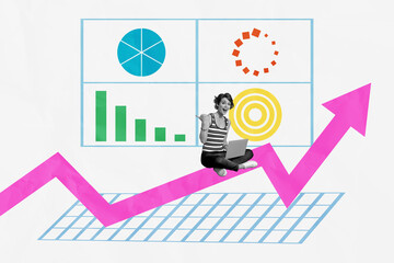 Composite trendy magazine photo collage of happy freelancer businesswoman hold laptop sit arrow...