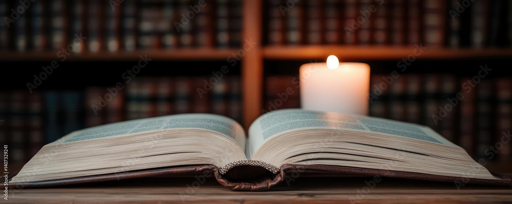 Poster books floating in the air on cognition and bookshelves concept. an open book with a candle illuminat