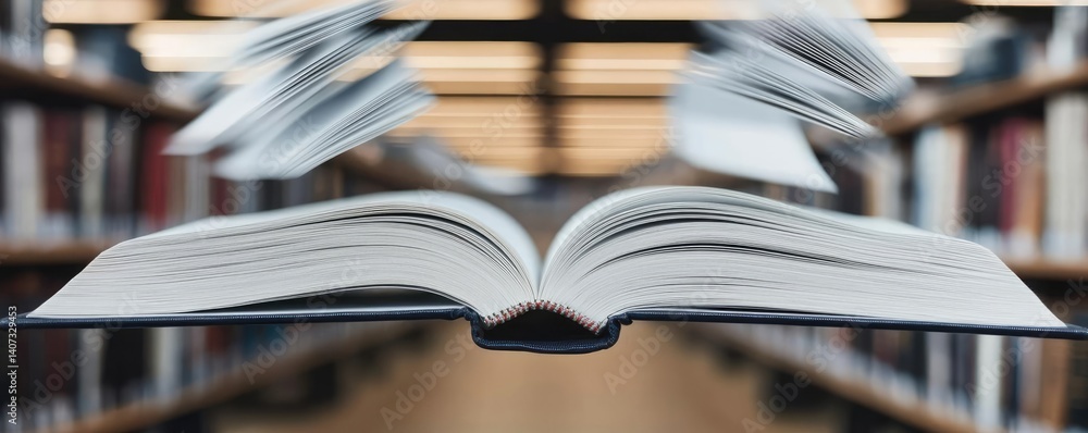 Poster books floating in the air on cognition and bookshelves concept. an open book with fluttering pages i