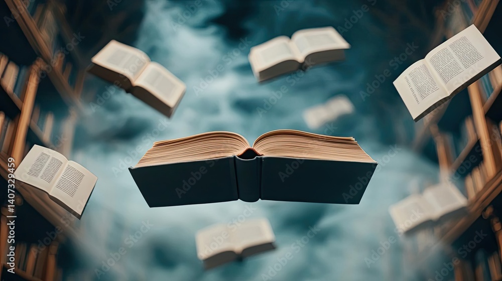 Poster books floating in the air within a flying and cognition concept. books floating in a mystical librar