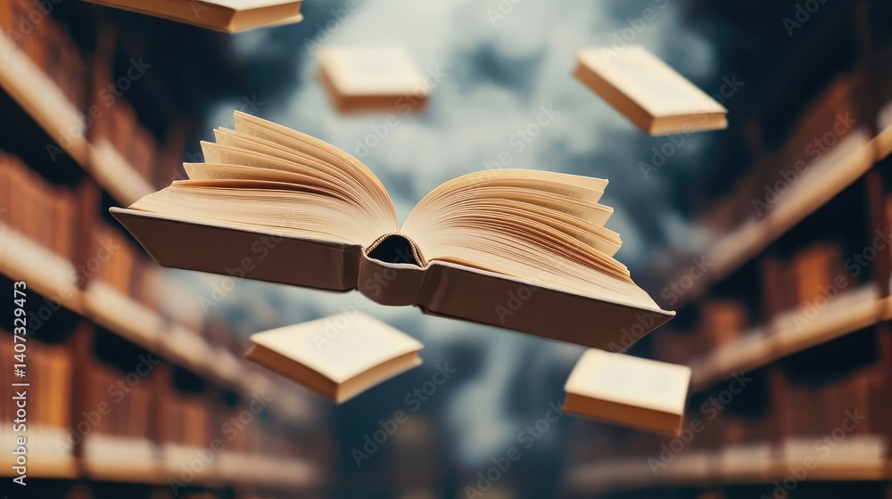 Poster books floating in the air within a flying and cognition concept. an open book floats among flying pa