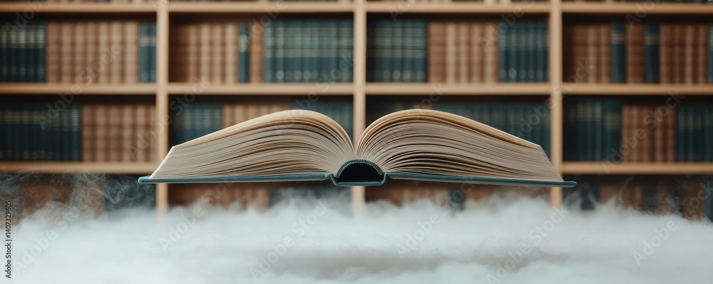 Poster books floating in the air inside a reading and bookshelves concept. an open book floats in fog, symb