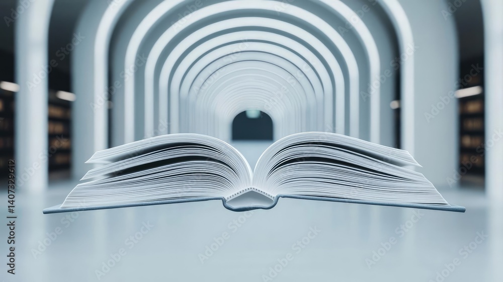 Poster books floating in the air within a flying and cognition concept. an open book in a modern library wi