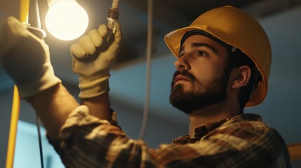 Electrician repairing light fixtures at a workplace. Featuring skill and attention to detail