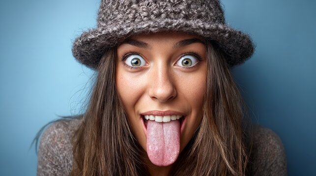 Una mujer con un sombrero de punto hace una mueca divertida, sacando la lengua y abriendo mucho los ojos. El fondo es azul.