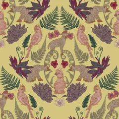 Tropical parrots and wild cats hyenas in forest jungle fern leaves. Zoo safari folk pattern with animals and plants. Botanical lime green wallpaper for kids textiles