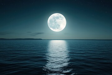 Naklejka premium Full moon shines brightly over a calm sea reflecting light on the water.