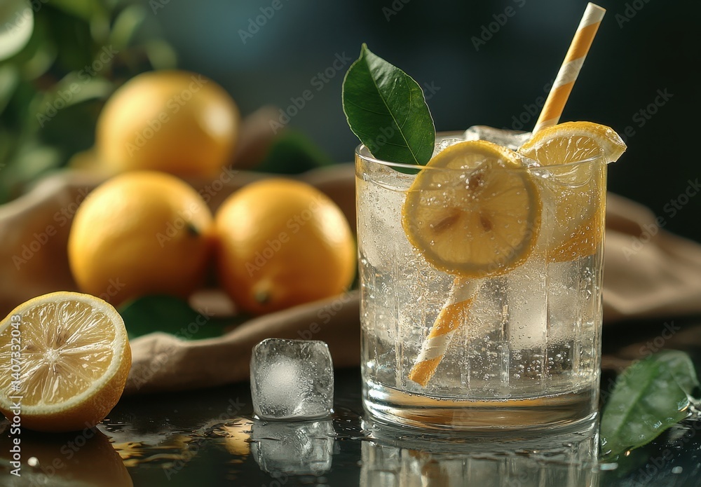 Poster refreshing lemonade drink with ice cubes and lemon slices on a stylish table with fresh lemons in th
