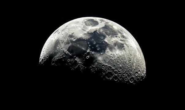 Crescent moon against a black sky showing craters and surface details. - Powered by Adobe