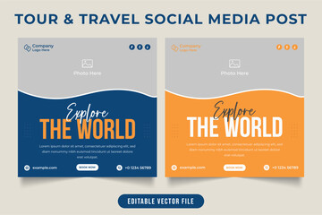 Traveling business marketing social media post design with Dark Blue and yellow colors. Travel agency poster template layout with a photo placeholder. Tour and Travel web banner vector for promotion.