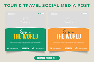 Travel agency business social media post template with Green and Orange colors. Touring business offer promotional web banner with photo placeholder. Holiday and vacation planner agency poster vector.