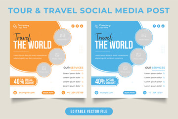 Tour and travel business promotional web banner template with orange and blue colors. Travel agency promotional social media post vector with photo placeholders. Tour group advertisement flyer vector.