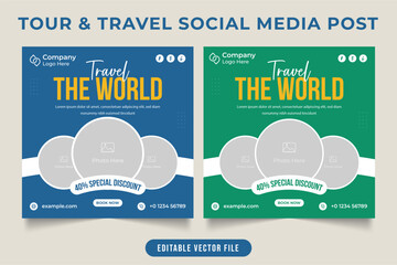 Tour and travel agency promotional poster template with Navy Blue and green colors. Vacation planner business social media post with photo placeholder. Touring group web banner with discount section.