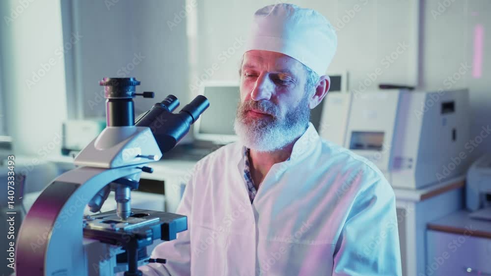 Wall mural experienced mature scientist wearing lab coat and cap performing precise microscope adjustment while