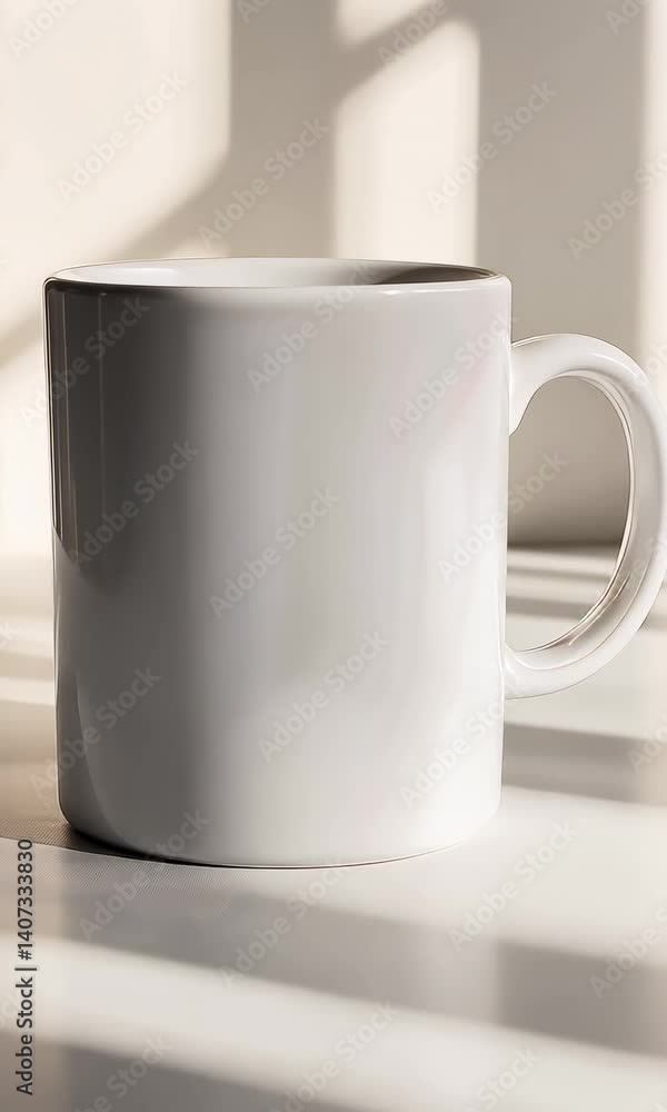 Poster white ceramic mug mockup standing near window, casting soft shadows across minimalist kitchen table 