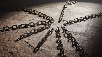 A chain of chains is twisted and bent in a circle. The chains are rusty and appear to be broken. Concept of confinement and imprisonment