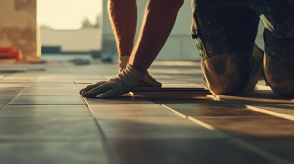 Construction laborer laying down flooring tiles. Featuring meticulousness and focus