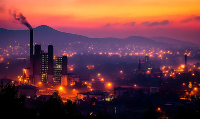 Obraz premium Industrial city skyline at dawn with smoke stacks