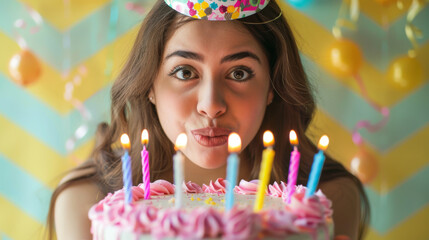 A young woman blows out candles on a festively decorated birthday cake while wearing a party hat.