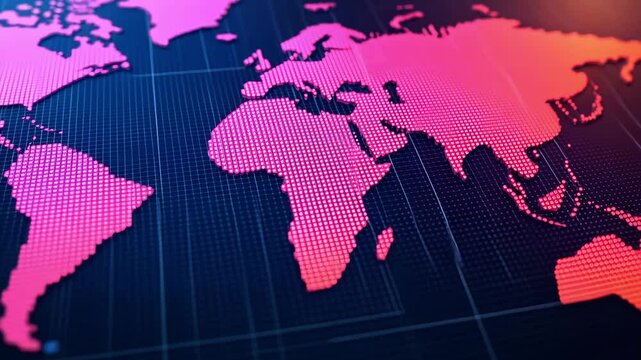Digital world map design in pink and black, showcasing continents with vibrant colors and technology for modern visual experience.