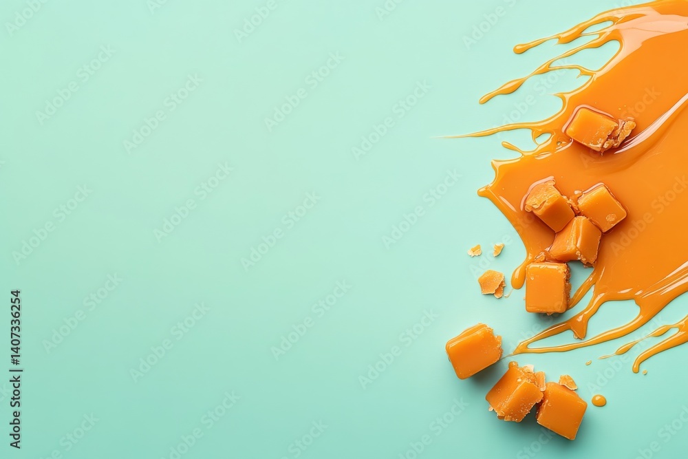 Poster a cluster of caramel candies spills into a pool of smooth caramel sauce against a pastel green backd