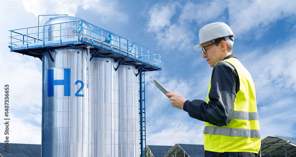 Poster engineer with tablet computer on a background of hydrogen factory
