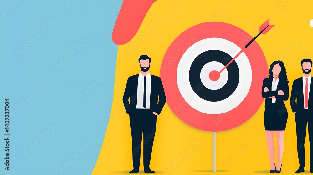 Poster visualizing innovation and business strategy with a dartboard and corporate themes