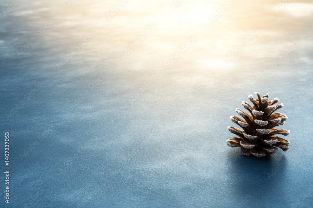 Poster A single pine cone rests on a soft blue gradient surface, showcasing delicate frost details and soft shadows, perfect for adding design elements or text
