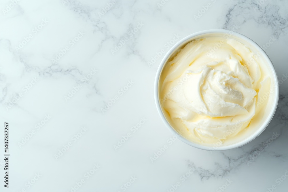 Poster soft ripples of creamy natural vanilla yogurt fill a white bowl, illuminated by gentle lighting, cre
