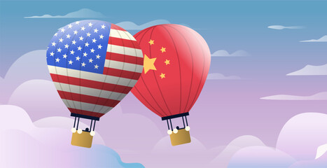USA China trade war concept depicted with hot air balloons featuring flags of both countries in a cloudy sky