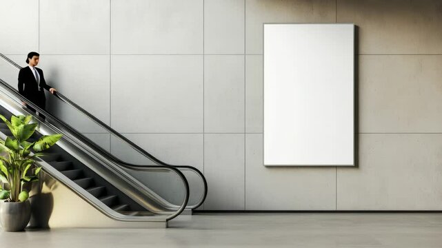 Modern building interior features a businesswoman riding an escalator next to a large, blank billboard, offering excellent advertising space