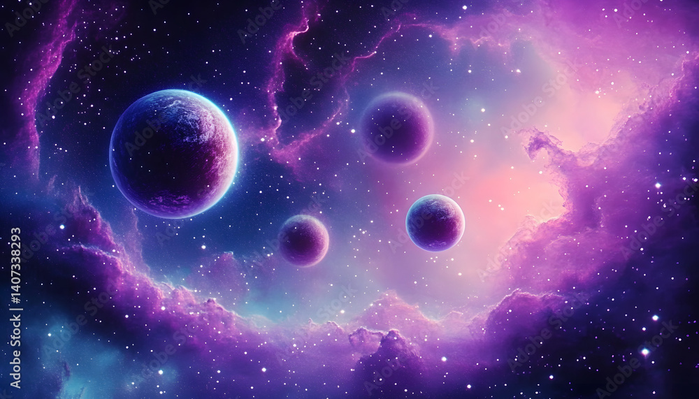 Poster abstract galaxy with small floating planets in a serene bluish purple nebula creating a calm space s