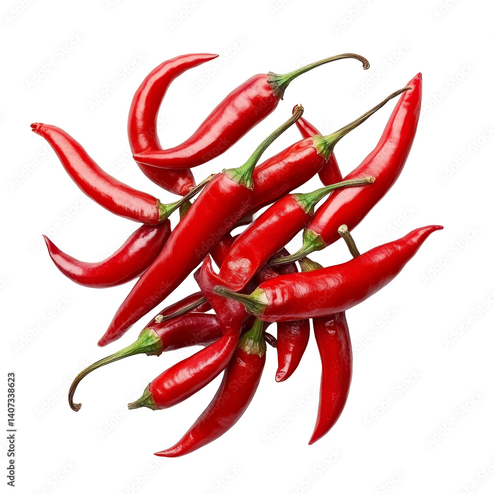 Poster fresh red chili peppers arranged on a clean transparent background, creating a vibrant display of na