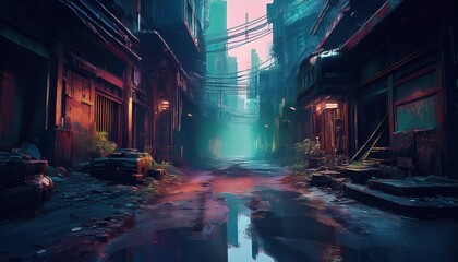 Dystopian Alley in Cyberpunk City Gritty Abandonment Meets Neon Nights, a Desolate Urban Scene Captivating with Dirt, Grunge, and a Faint Glow of Digital Decay.