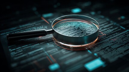 A magnifying glass is placed over a screen displaying lines of code in a dark and focused environment